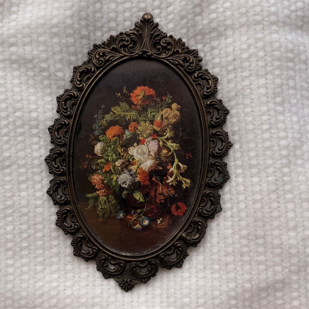 Vintage Action Italy Ornate Brass Oval Frame Floral Still Life Print 7.5"